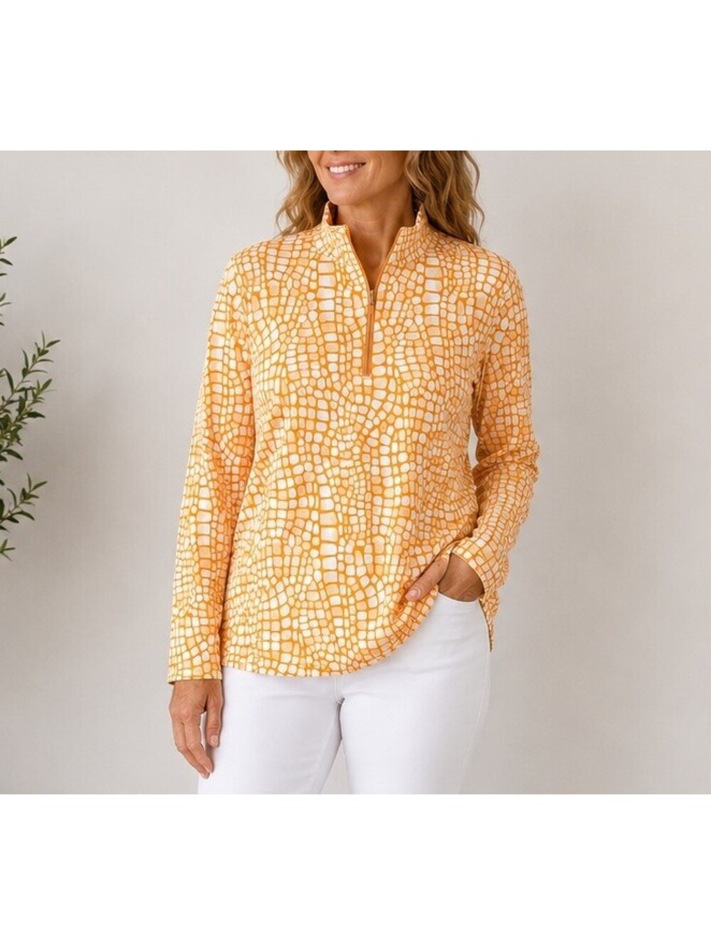IBKUL Orange White Abstract Print 1/4 Zip Pullover Women’s XXL Golf Tennis